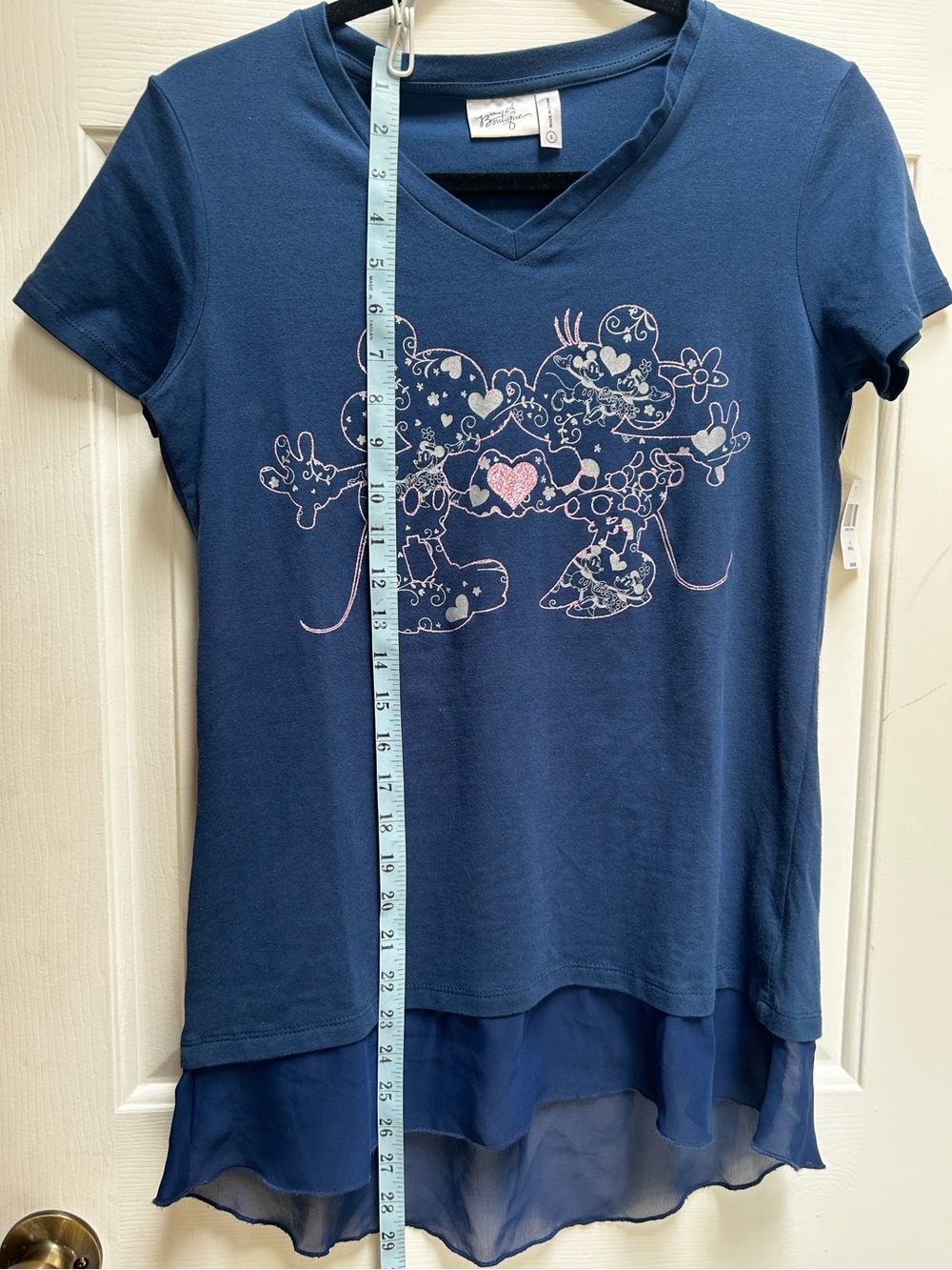 NWT DISNEY Navy V-neck Mickey & Minnie Heart Graphic Tee with Chiffon Hem Small - Picture 10 of 11
